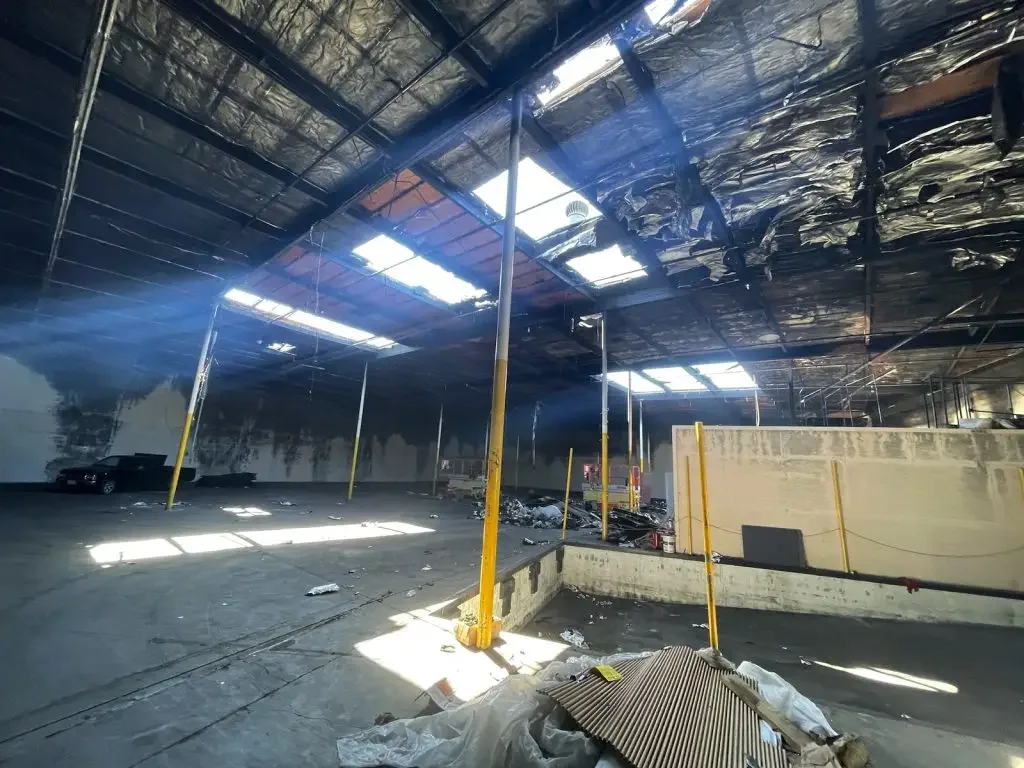 Large building interior during construction with exposed structural elements